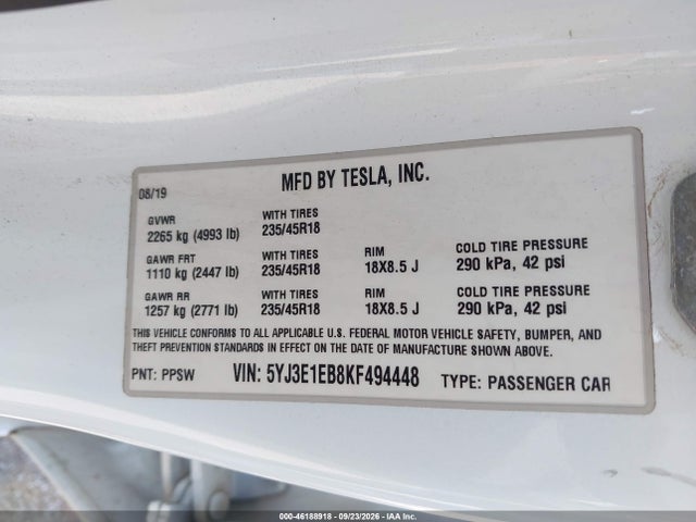 Tesla MODEL 3 2019 5YJ3E1EB8KF494448 Image 9