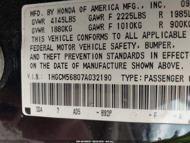 Aukcja sprzedaży 2007 Honda Accord 2.4 Ex, vin: 1HGCM56807A032190, numer aukcji: 46188935