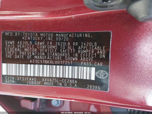 46188945 :رقم المزاد ، 4T1C11BKXLU017251 vin ، 2020 Toyota Camry Le Awd مزاد بيع