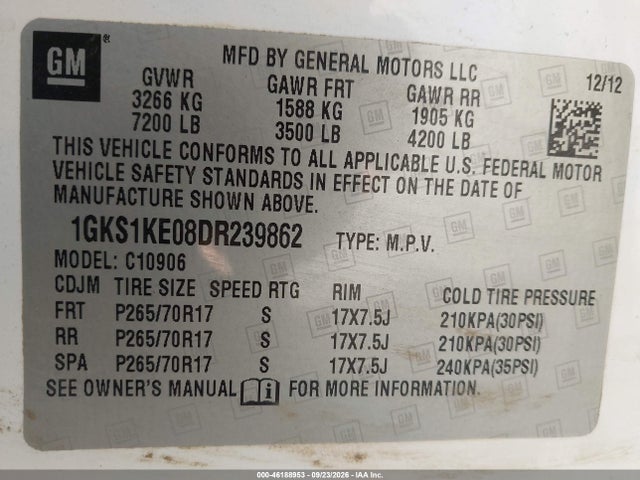 46188953 :رقم المزاد ، 1GKS1KE08DR239862 vin ، 2013 Gmc Yukon Xl 1500 Slt مزاد بيع