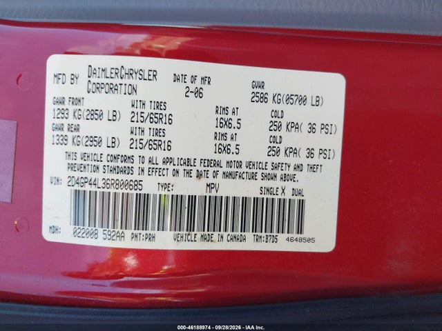 46188974 :رقم المزاد ، 2D4GP44L36R800685 vin ، 2006 Dodge Grand Caravan Sxt مزاد بيع
