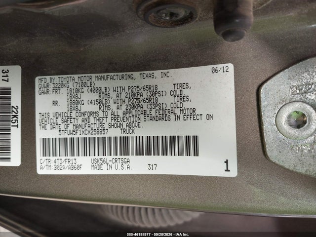 Продажа на аукционе авто 2012 Toyota Tundra 4wd Truck Grade 5.7l V8 W/ffv (a6), vin: 5TFUW5F1XCX258857, номер лота: 46188977