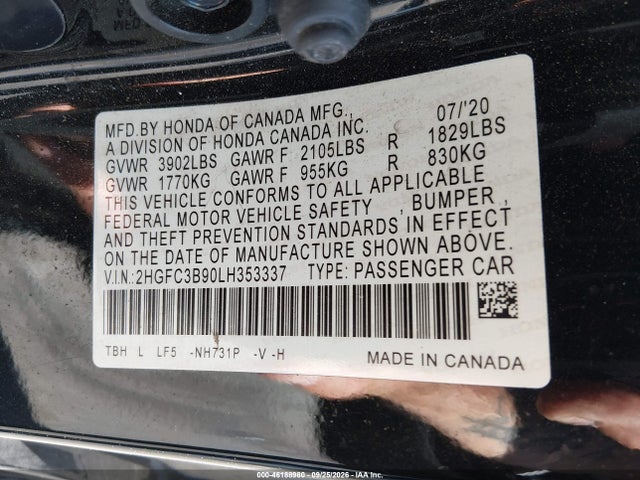 46188980 :رقم المزاد ، 2HGFC3B90LH353337 vin ، 2020 Honda Civic Touring مزاد بيع