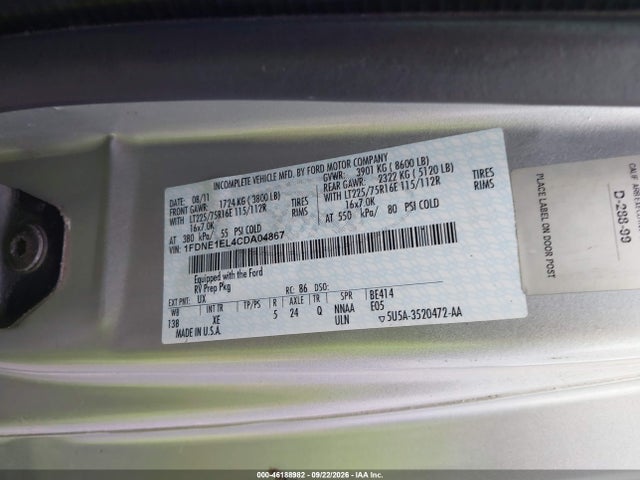 Продаж на аукціоні авто 2012 Ford E-150 Commercial/recreational, vin: 1FDNE1EL4CDA04867, номер лоту: 46188982
