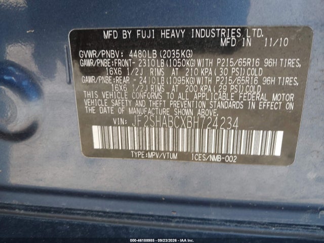46188985 :رقم المزاد ، JF2SHABCXBH724234 vin ، 2011 Subaru Forester 2.5x مزاد بيع
