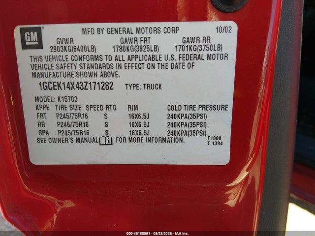 2003 Chevrolet Silverado 1500 მანქანა იყიდება აუქციონზე, vin: 1GCEK14X43Z171282, აუქციონის ნომერი: 46188991