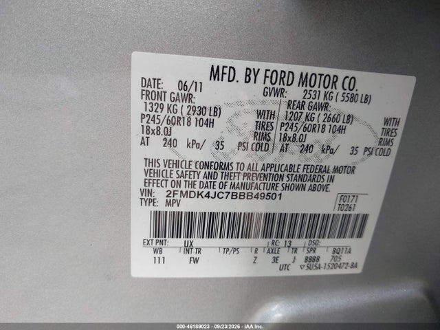 Продаж на аукціоні авто 2011 Ford Edge Sel, vin: 2FMDK4JC7BBB49501, номер лоту: 46189023