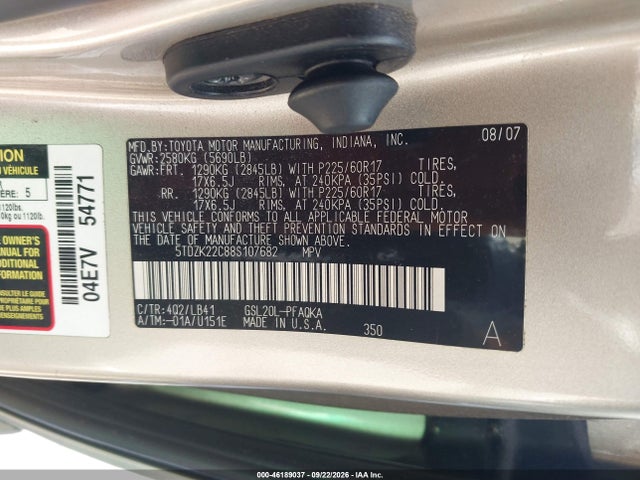 Продажа на аукционе авто 2008 Toyota Sienna Xle, vin: 5TDZK22C88S107682, номер лота: 46189037