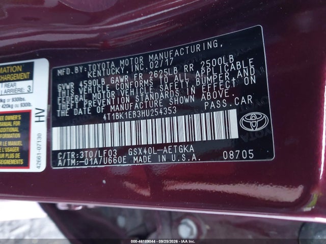 Aukcja sprzedaży 2017 Toyota Avalon Xle Plus, vin: 4T1BK1EB3HU254353, numer aukcji: 46189044