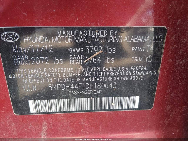 Продаж на аукціоні авто 2013 Hyundai Elantra Limited, vin: 5NPDH4AE1DH180643, номер лоту: 46189045