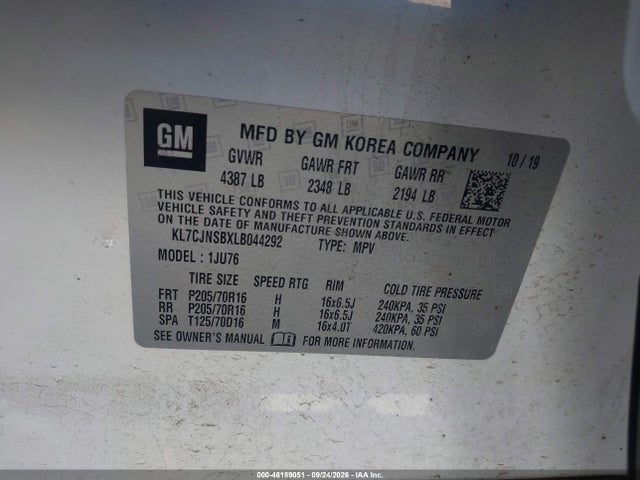 46189051 :رقم المزاد ، KL7CJNSBXLB044292 vin ، 2020 Chevrolet Trax Awd Ls مزاد بيع