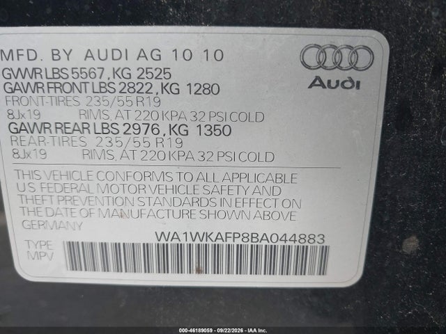 2011 Audi Q5 3.2 Premium Plus მანქანა იყიდება აუქციონზე, vin: WA1WKAFP8BA044883, აუქციონის ნომერი: 46189059