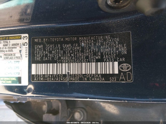 Aukcja sprzedaży 2006 Toyota Corolla S, vin: 2T1BR32E56C667198, numer aukcji: 46189070