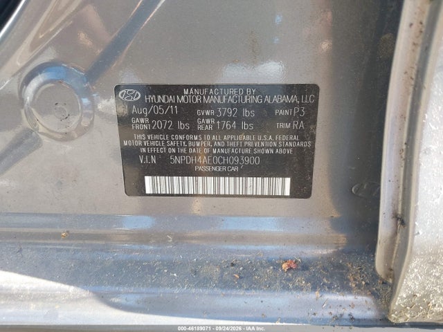 2012 Hyundai Elantra Gls Pzev მანქანა იყიდება აუქციონზე, vin: 5NPDH4AE0CH093900, აუქციონის ნომერი: 46189071