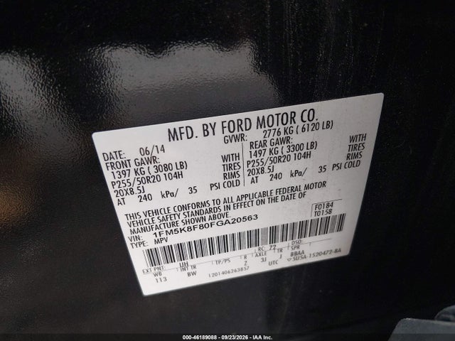 46189088 :رقم المزاد ، 1FM5K8F80FGA20563 vin ، 2015 Ford Explorer Limited مزاد بيع