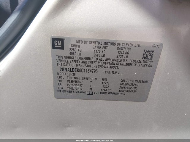Продаж на аукціоні авто 2012 Chevrolet Equinox Lt W/1lt, vin: 2GNALDEK0C1164796, номер лоту: 46189112