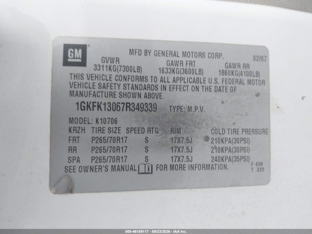 Aukcja sprzedaży 2007 Gmc Yukon Slt, vin: 1GKFK13067R349339, numer aukcji: 46189117