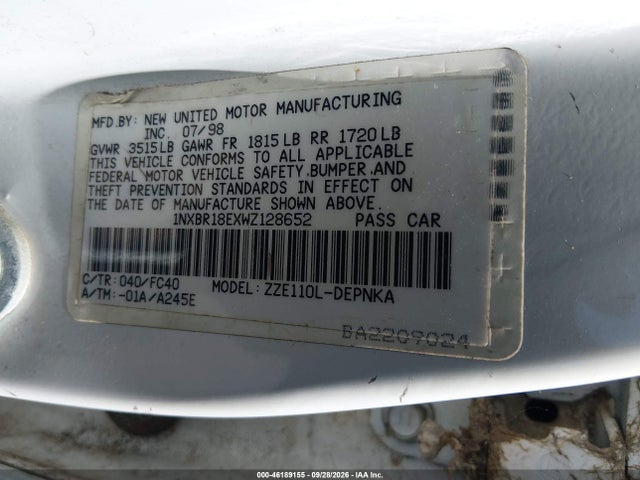 Aukcja sprzedaży 1998 Toyota Corolla Le, vin: 1NXBR18EXWZ128652, numer aukcji: 46189155