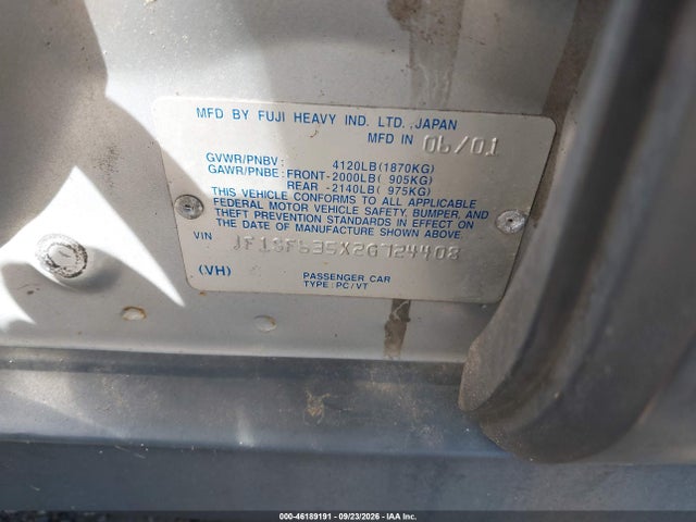 Aukcja sprzedaży 2002 Subaru Forester L, vin: JF1SF635X2G724408, numer aukcji: 46189191