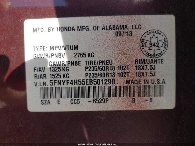 Продаж на аукціоні авто 2014 Honda Pilot Ex-l, vin: 5FNYF4H55EB501290, номер лоту: 46189201