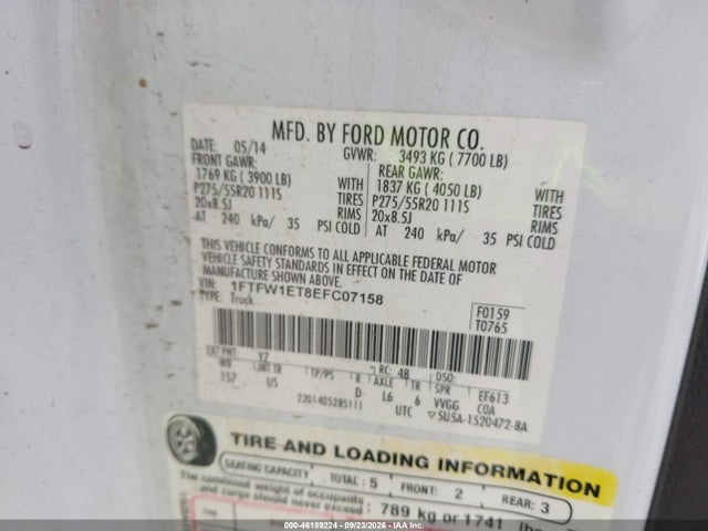 Aukcja sprzedaży 2014 Ford F-150 Xlt, vin: 1FTFW1ET8EFC07158, numer aukcji: 46189224