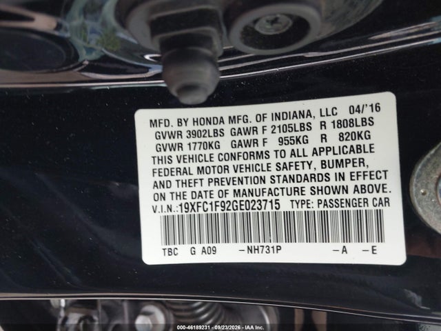 46189231 :رقم المزاد ، 19XFC1F92GE023715 vin ، 2016 Honda Civic Touring مزاد بيع