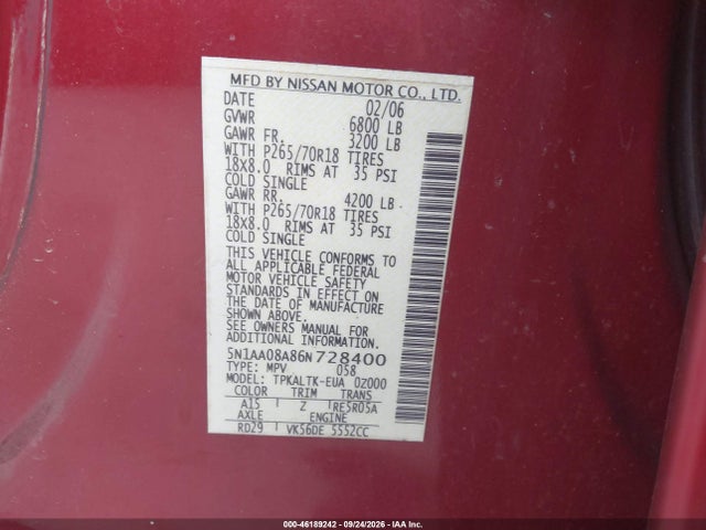 Продаж на аукціоні авто 2006 Nissan Armada Se, vin: 5N1AA08A86N728400, номер лоту: 46189242