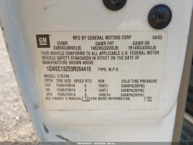 46189247 :رقم المزاد ، 1GNEC13Z53R264416 vin ، 2003 Chevrolet Tahoe Lt مزاد بيع