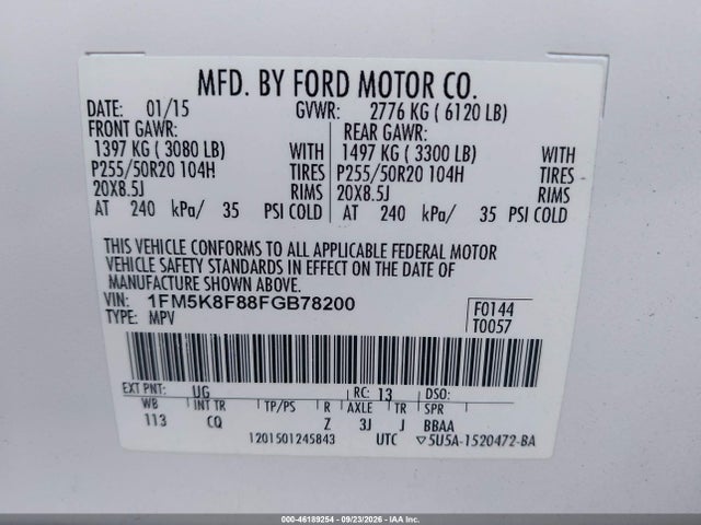 2015 Ford Explorer Limited მანქანა იყიდება აუქციონზე, vin: 1FM5K8F88FGB78200, აუქციონის ნომერი: 46189254