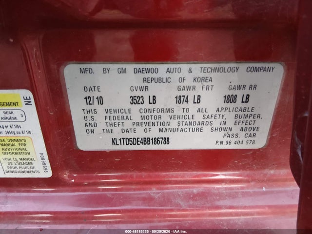 2011 Chevrolet Aveo Lt W/1lt მანქანა იყიდება აუქციონზე, vin: KL1TD5DE4BB186788, აუქციონის ნომერი: 46189255
