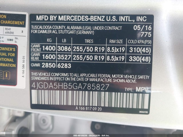 Aukcja sprzedaży 2016 Mercedes-benz Gle 350 4matic, vin: 4JGDA5HB5GA785827, numer aukcji: 46189258