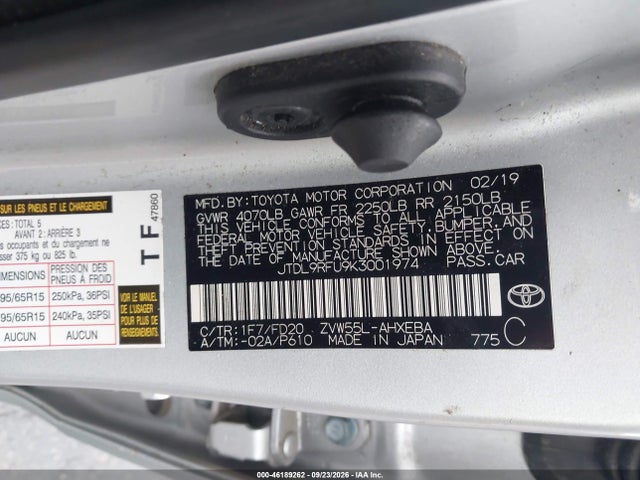 Продаж на аукціоні авто 2019 Toyota Prius Le, vin: JTDL9RFU9K3001974, номер лоту: 46189262