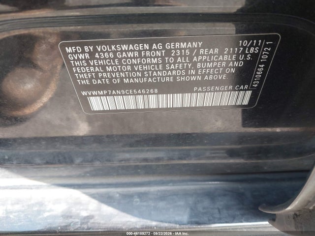 46189272 :رقم المزاد ، WVWMP7AN9CE546268 vin ، 2012 Volkswagen Cc R-line/sport Pzev مزاد بيع