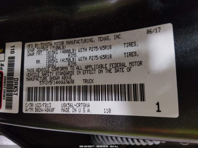 46189277 :رقم المزاد ، 5TFUY5F14HX669690 vin ، 2017 Toyota Tundra Sr5 5.7l V8 مزاد بيع