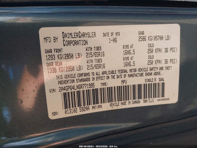 Продажа на аукционе авто 2006 Chrysler Town & Country Limited, vin: 2A4GP64LX6R771995, номер лота: 46189281