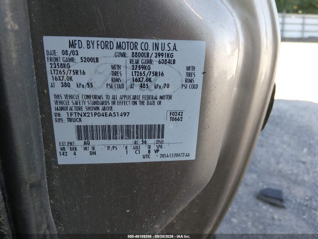 Продаж на аукціоні авто 2004 Ford F-250 Lariat/xl/xlt, vin: 1FTNX21P04EA51497, номер лоту: 46189286