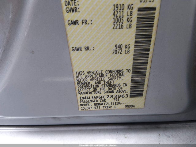 46189289 :رقم المزاد ، 1N4AL3AP6FC283963 vin ، 2015 Nissan Altima 2.5/2.5 S/2.5 Sl/2.5 Sv مزاد بيع