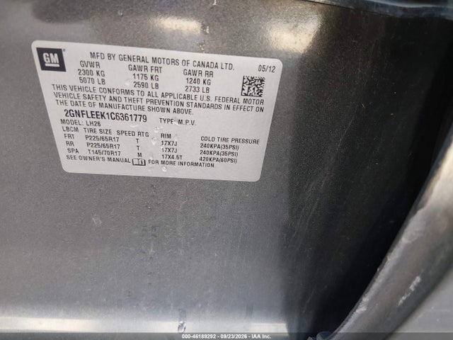 Продаж на аукціоні авто 2012 Chevrolet Equinox 1lt, vin: 2GNFLEEK1C6361779, номер лоту: 46189292