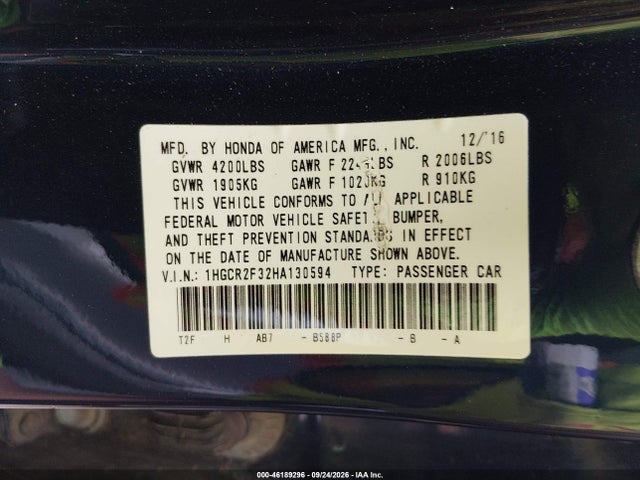 46189296 :رقم المزاد ، 1HGCR2F32HA130594 vin ، 2017 Honda Accord Lx مزاد بيع
