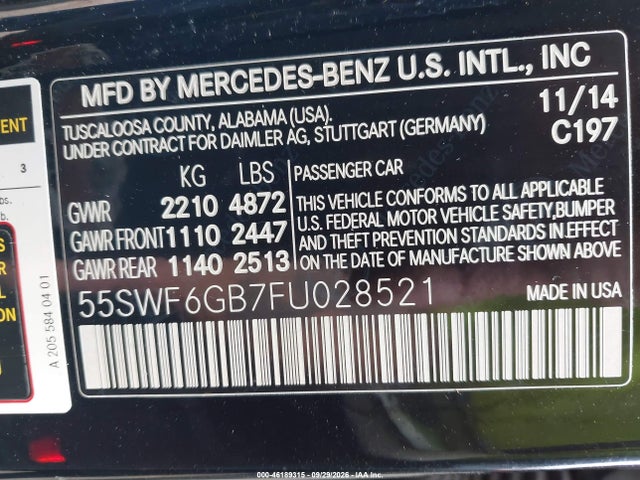 46189315 :رقم المزاد ، 55SWF6GB7FU028521 vin ، 2015 Mercedes-benz C 400 4matic مزاد بيع