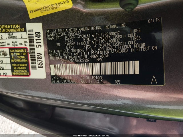 Aukcja sprzedaży 2013 Toyota Sienna Xle, vin: 5TDYK3DC2DS329997, numer aukcji: 46189321