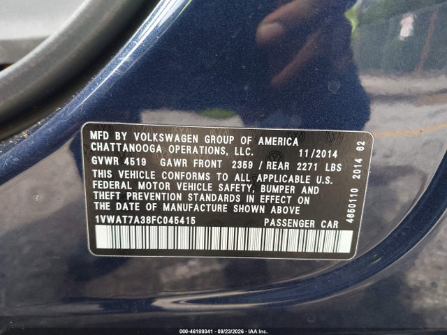 46189341 :رقم المزاد ، 1VWAT7A38FC045415 vin ، 2015 Volkswagen Passat 1.8t Wolfsburg Edition مزاد بيع