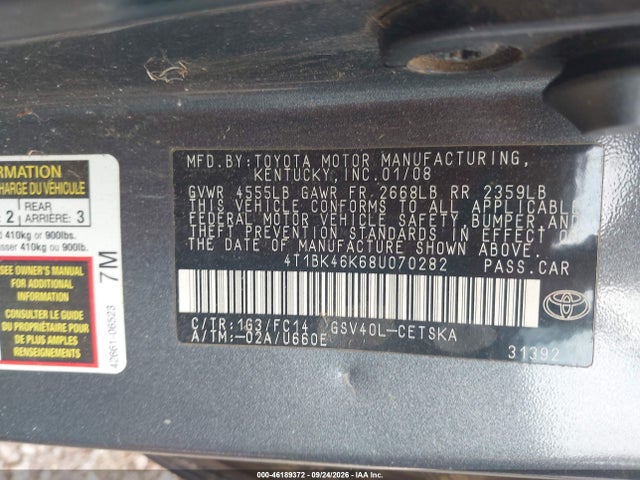 46189372 :رقم المزاد ، 4T1BK46K68U070282 vin ، 2008 Toyota Camry Se V6 مزاد بيع