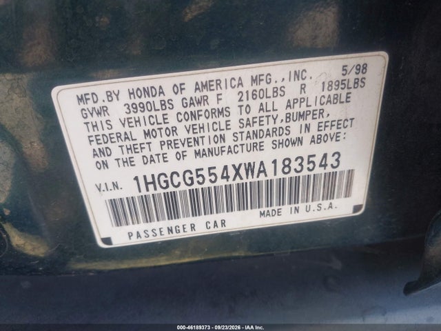46189373 :رقم المزاد ، 1HGCG554XWA183543 vin ، 1998 Honda Accord Lx مزاد بيع