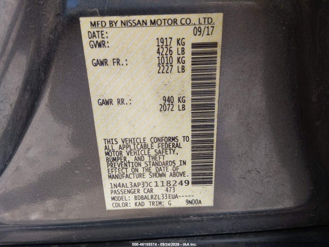 Aukcja sprzedaży 2018 Nissan Altima 2.5 Sl, vin: 1N4AL3AP3JC118249, numer aukcji: 46189374