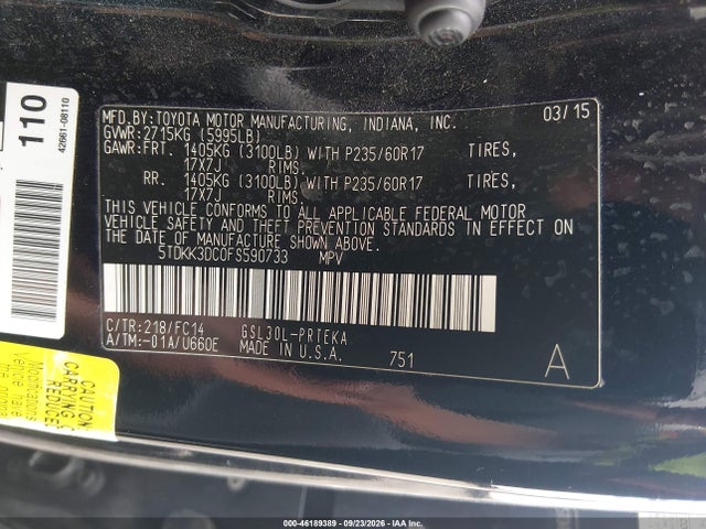 46189389 :رقم المزاد ، 5TDKK3DC0FS590733 vin ، 2015 Toyota Sienna Le مزاد بيع