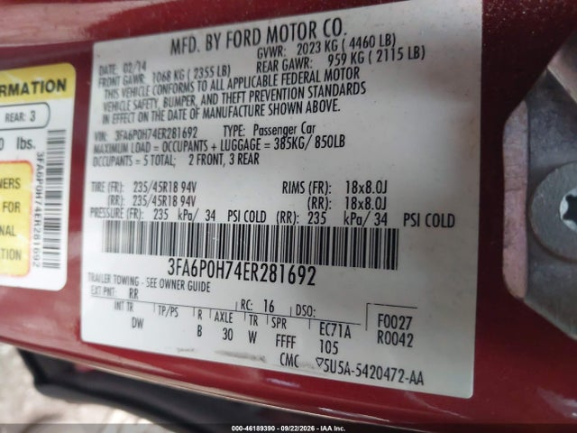 46189390 :رقم المزاد ، 3FA6P0H74ER281692 vin ، 2014 Ford Fusion Se مزاد بيع