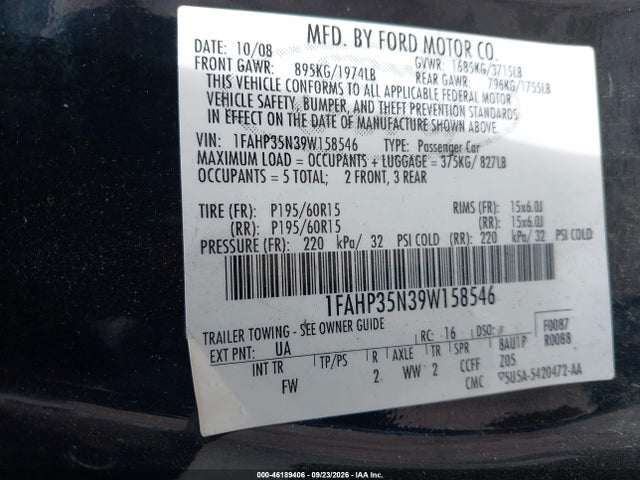 Продажа на аукционе авто 2009 Ford Focus Se, vin: 1FAHP35N39W158546, номер лота: 46189406