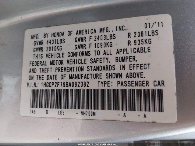 Aukcja sprzedaży 2011 Honda Accord Sdn Ex, vin: 1HGCP2F79BA082382, numer aukcji: 46189420