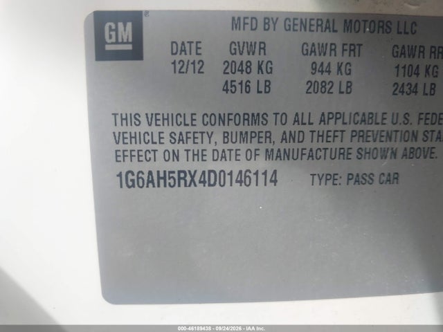Aukcja sprzedaży 2013 Cadillac Ats Luxury, vin: 1G6AH5RX4D0146114, numer aukcji: 46189438